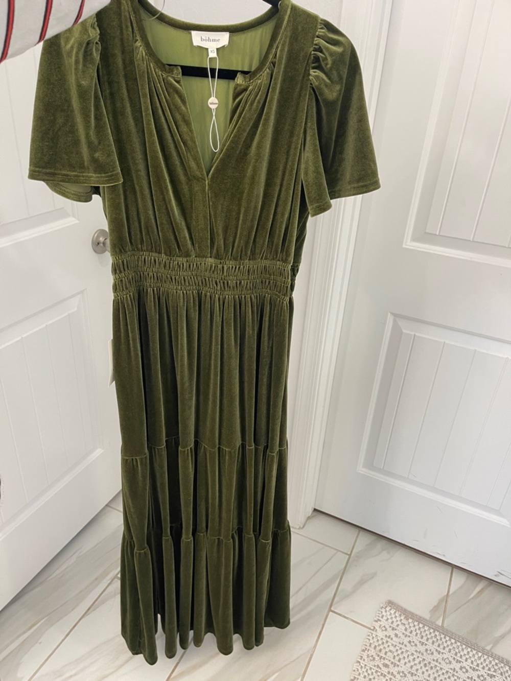bohme Olive Velvet Tiered Maxi Dress